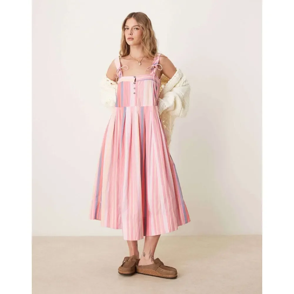 NWT Free People primavera striped drop waist sun dress in pink sz M Reversible